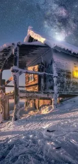 Snowy cabin under a starry night sky wallpaper.