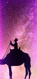 Silhouette of a camel against a vibrant purple starry sky.