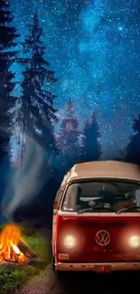 Van and campfire under a starry night sky in a forest setting.