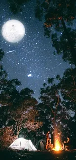 A starry night camping scene with a glowing moon, tents, and a cozy campfire.