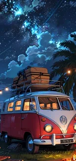 Vintage van camping under starry night sky by palm trees and campfire.