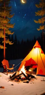 Campfire and tent under a starry winter sky.