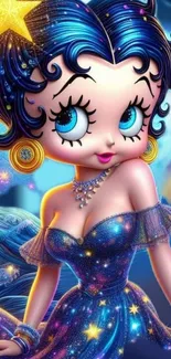 Cartoon character in sparkly blue dress with starry night theme.