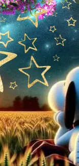 Cartoon character under starry sky in colorful night scene.