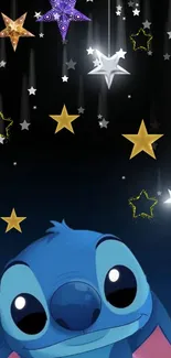 Cartoon blue character under starry night sky wallpaper.