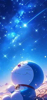 Anime character under a starry night sky, gazing upwards.