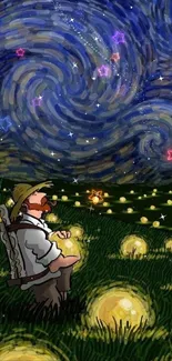 Cartoon character in glowing Van Gogh-like meadow at night.