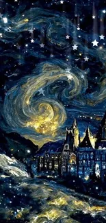 Starry night castle art with swirling galaxies in dark blue tones.