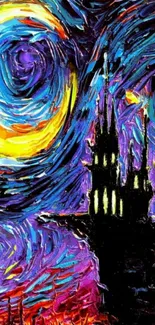 Vibrant starry night with castle silhouette in abstract art style.