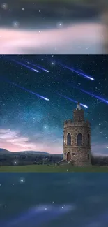 Starry night with shooting stars and an ancient castle.