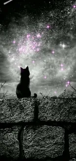 A cat on a wall gazing at a starry night sky with pink hued stars.