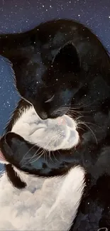 Two cats embracing under a star-filled sky on a mobile wallpaper.