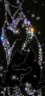 Romantic cat silhouette in a starry night background with glittering stars.