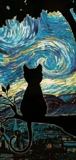 Cat silhouette with starry night sky background inspired by Van Gogh.