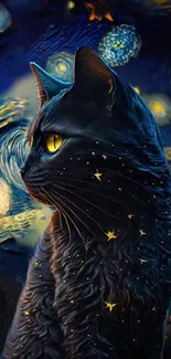 Black cat with starry night sky background wallpaper.