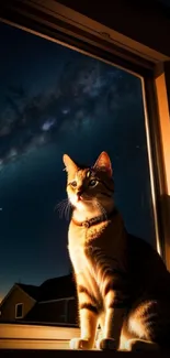 Cat sitting by a window under night sky with stars and galaxy.