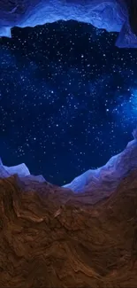 Starry night sky through a cave opening, creating a stunning view.