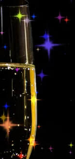 Champagne glass with colorful starry lights on a black background.