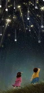 Children and pets stargazing on a grassy hill under a starry night sky.