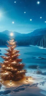 Starry night with Christmas tree by a snowy lake.