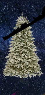 Lush Christmas tree against a starry galaxy sky background.