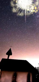 Silhouette of a church under a vibrant starry sky.