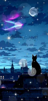 Cat sitting on a rooftop under a starry sky in the city.