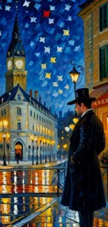 Cityscape at night with starry sky and lone figure.