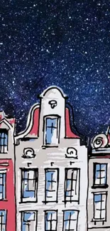 Illustrated European townhouses under a starry night sky.