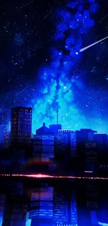 Starry night cityscape with shooting stars and urban skyline in blue hues.