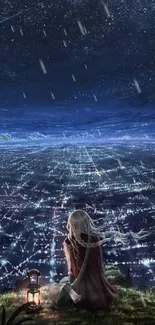 Anime cityscape under a starry night sky with a girl gazing at the city lights.