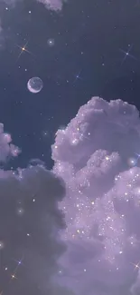 Starry night sky with clouds and moon on a mobile wallpaper.