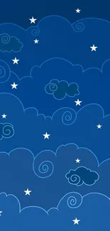 Starry night sky with whimsical clouds on a blue background.