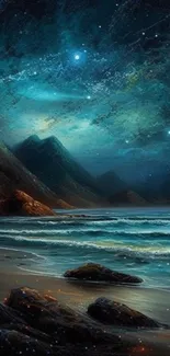 Starry night beach scene with teal sky and ocean waves.