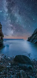 Starry night sky over tranquil coastal scenery with dark cliffs.