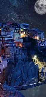 Starry night over cliffside village with moonlit sky.