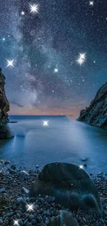 Starry night over a serene coastal scene with the Milky Way rising.