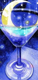 Blue starry night cocktail glass wallpaper with celestial theme.