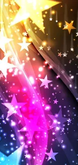 Colorful star wallpaper with abstract swirls on a mobile phone screen.