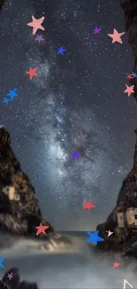 Star-filled night sky with colorful cosmic patterns over rocky landscape.