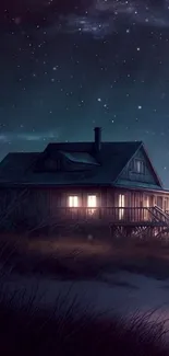 Cottage under a starry night sky wallpaper.