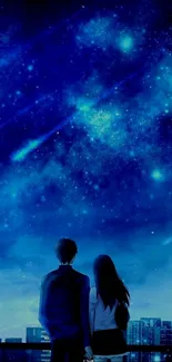 Couple under a starry night sky with city skyline.