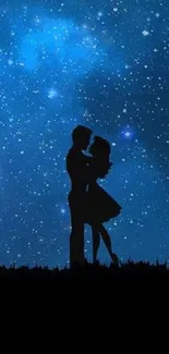 Silhouette of a couple under a starry night sky, perfect for romantic phone wallpaper.