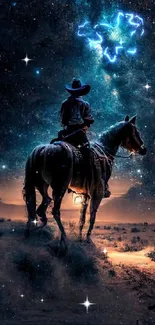 Cowboy under a starry night sky with galaxy view.