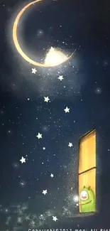 Crescent moon and stars in a night sky wallpaper with a window view.