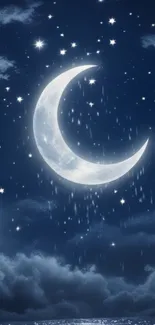Crescent moon and stars in a night sky.