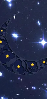 Starry night wallpaper with crescent moon and stars on a navy blue background.