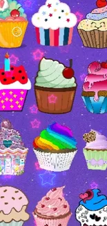 Purple sky with cupcakes and starry background.