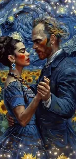 A couple dancing under a starry night sky with sunflowers.