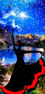 Dancing silhouette against starry night over scenic landscape.